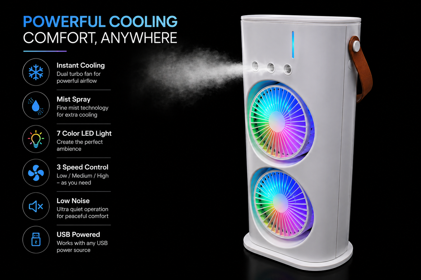 Dual Fan Air Cooler with Mist & RGB Light